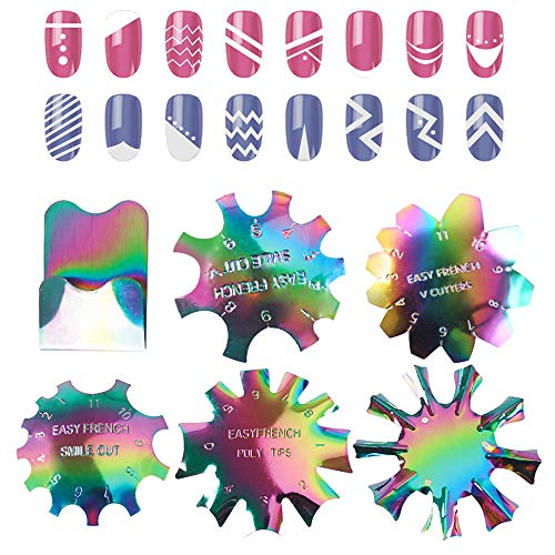 Kalolary 6 Pieces Nail Manicure Edge Trimmer Stainless Steel Easy French Smile Line Gel Cutter Tool DIY Plate Module, Acrylic Tool Kit for DIY Nail (Rainbow Color)