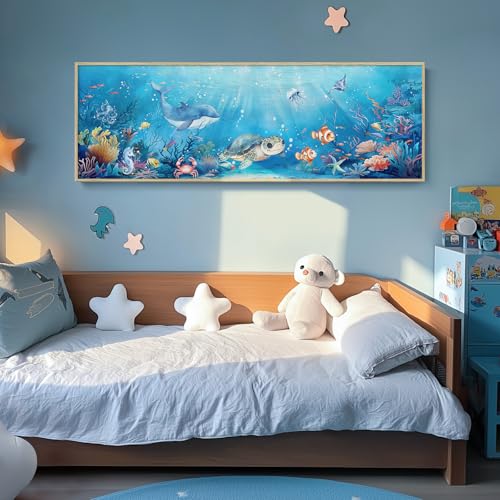 Large Framed Nursery Canvas Wall Art, Ocean Themed Nautical Prints Coastal Paintings Decor for Walls, Turtle Whale Coral Tropical Fish Pictures for Kids Boys Baby Girls Room Bathroom Wall Decor - Image 2