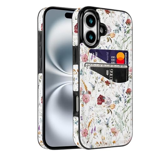 Coque iPhone 16 antichoc rigide fleur vintage avec fente porte-cartes