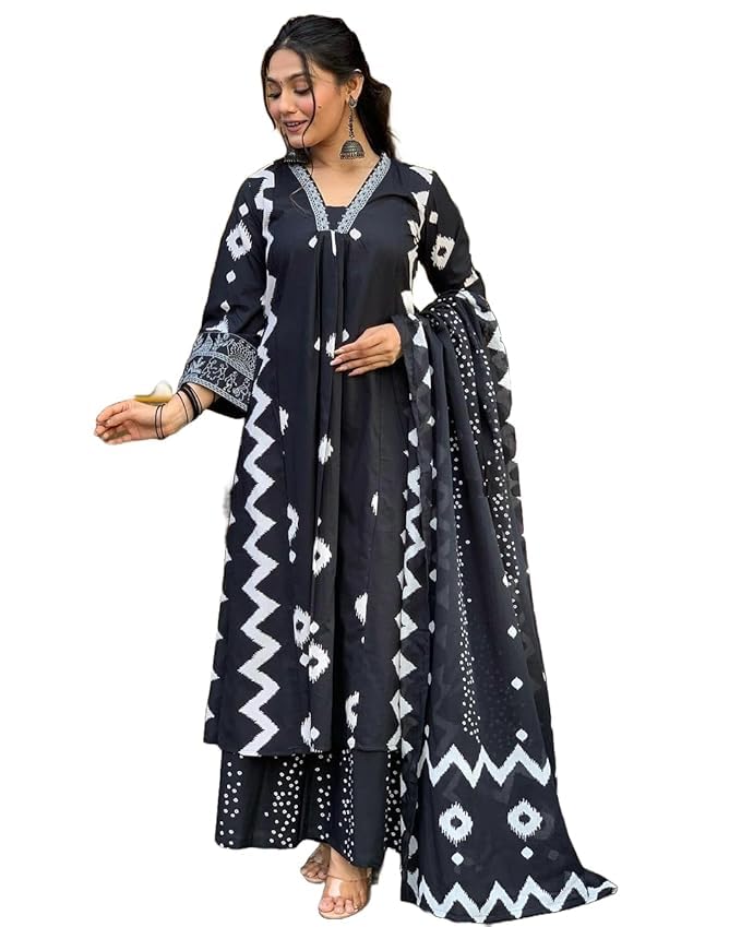 Image of Rangnavi Women's Cotton Anarkali Printed V-Neck Kurta with Palazzo & Dupatta | Ethnic Set | Dupatta Set | Suit Set |Kurta Set |