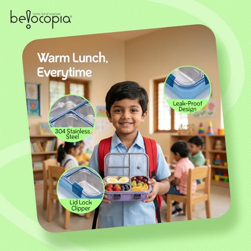 Image of Belocopia Gobblez Stainless Steel Lunch Box 525ml | Blue | SUS 304 Food Grade Steel | 3 Compartment Leakproof Tiffin Box with Spoon | Airtight Lunchbox for Office, School & Meal Prep