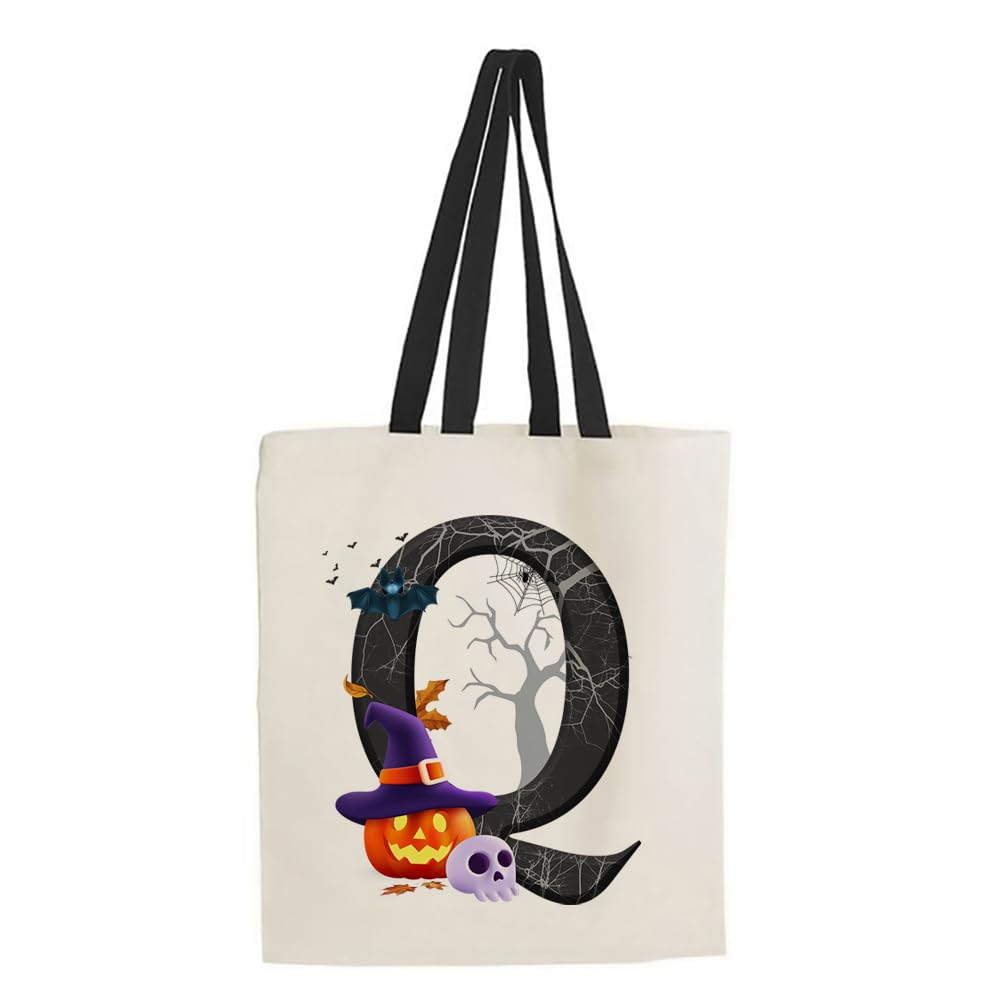 Halloween Bags, Initial Tote Bag, Gifts for Girl, Trick or Treat Bag, Halloween Pumpkin Party, Girl Gift, Reusable Bag, Shopping Bag, Black Handle Tote Bag. (Q)