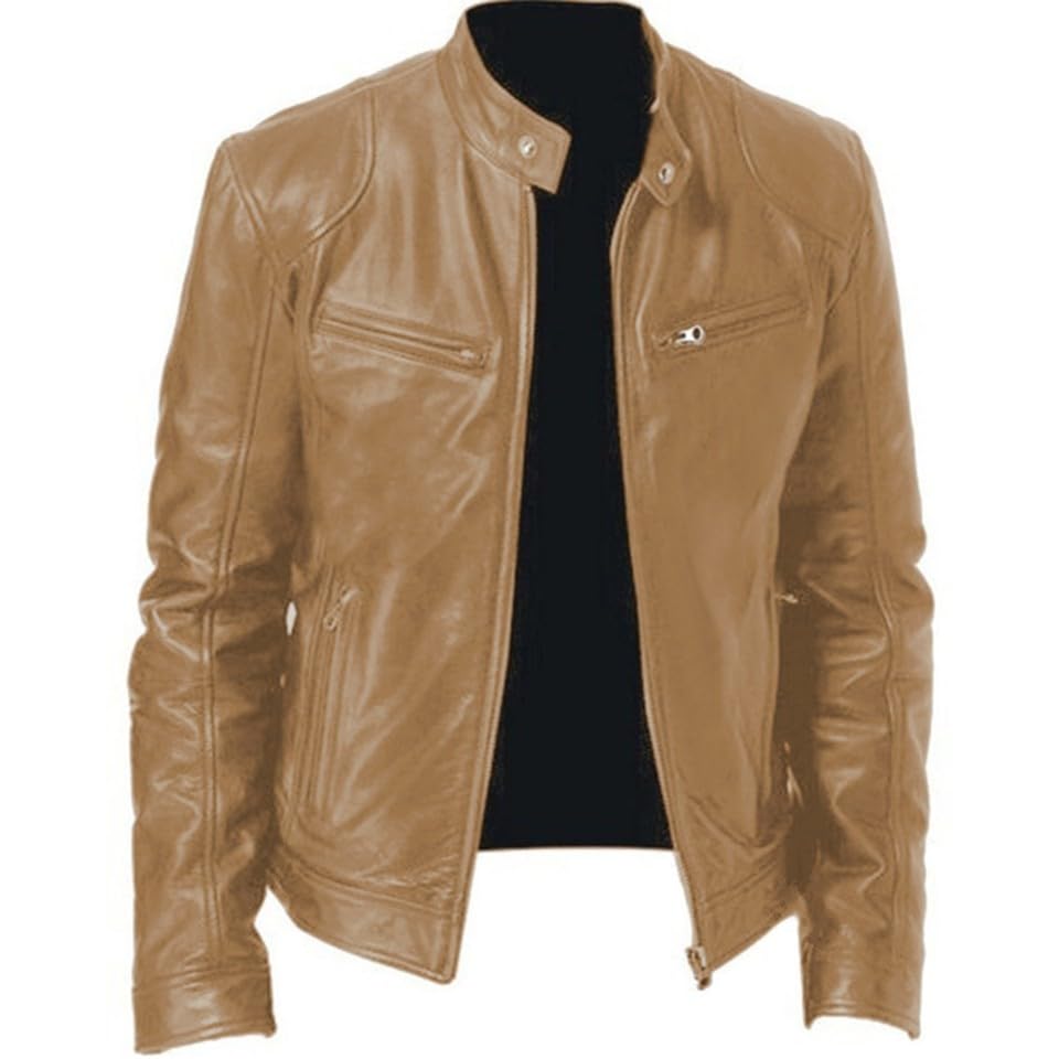 Manteau motard rétro col montant | Veste d'hiver en cuir kaki homme 5XL