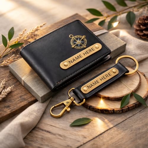Image of Premium Customized Wallet & Keychain Combo for Men - Stylish Nexon Leather Gift Set with Personalized Name & Charm - Ideal Birthday, Anniversary & Festival Present (Black)