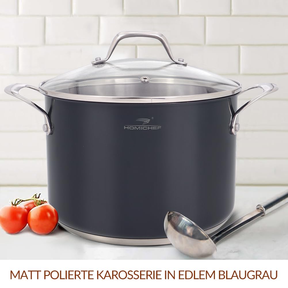 HOMICHEF Marinegrau, nickelfreier Suppentopf aus Edelstahl, 6,6 L, mit Glasdeckel (ungiftige Antihaftbeschichtung, 24 cm) – Kochgeschirr-Set aus Edelstahl – ungiftiger 6,6-L-Suppentopf mit Deckel