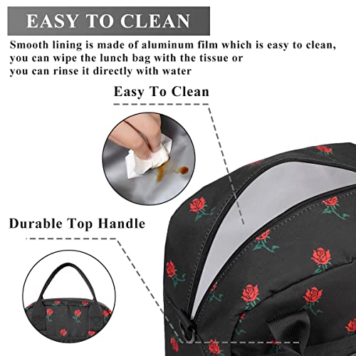 Vaschy Lunch Bags For Women, Cute Insulated Lunch Box Tote Reusable Cooler Bag With Removable Shoulder Strap For Work Black With Rose #TOP3