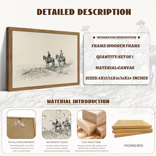 Image of Framed Western Wall Art, Cowboys on Horses Sketch Picture Print, Western Wall Decor, Vintage Country Farmhouse Western Cowboys Canvas for Living Room Bedroom Home 8x10 inch