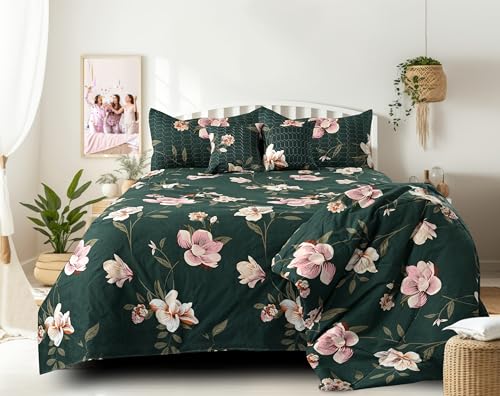 Image of Super Premium Designer 6-Piece Comforter Set - Double Bed Size (90 inchx100 inch) - Heavy Cotton Blend with Reversible Comforter, Bedsheet, Pillow Covers & Cushion Covers (Green, 6 Pc Comforter Set)