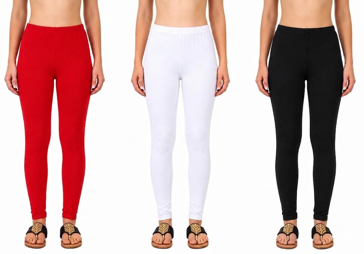 Women's Solid Cotton Leggings, Pack of 3 - Red, White & Black-picture-37