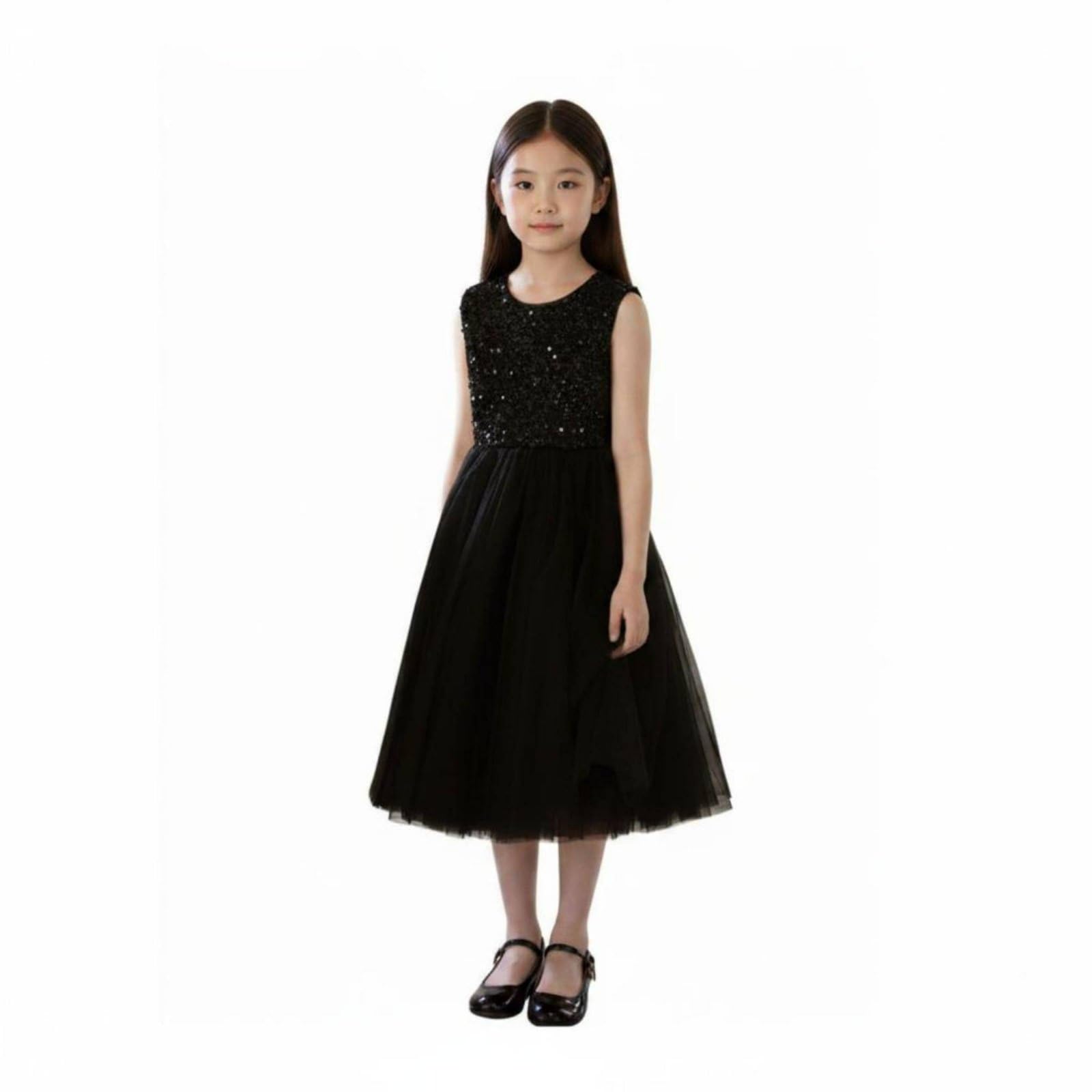 Vestido de Actuación sin Mangas Esponjoso Vestido de Fiesta Negro Infantil Forro para Ocasiones Formales