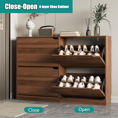 Image of Xixini Shoe Storage Cabinet for Entryway with 4 Flip Drawers, Sturdy Wood Hidden Shoe Storage, Freestanding Narrow Slim Shoe Organizer for Front Door Entrance, Living Room, Hallway, Bedroom, Walnut