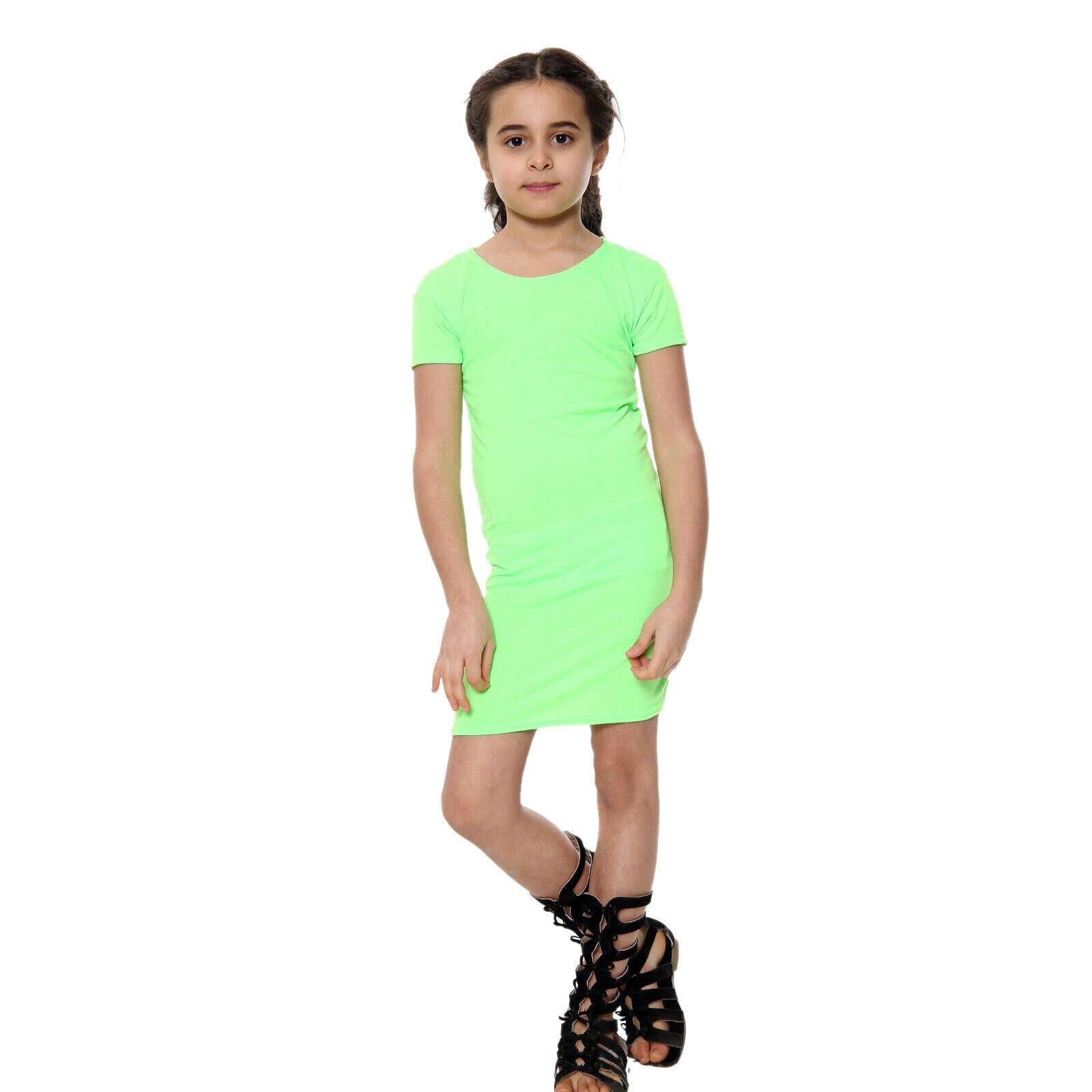 Vestido ajustado para niñas de manga corta verde neón elástico tipo túnica 5