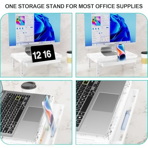 Image of WALI Computer Monitor Stand with Storage, Desk Monitor Riser 3 Height Adjustable, Laptop Riser with Airflow Vents, Desk Organizer for Computer, Laptop, Printer (PTT002-M), 1 Pack, Marble