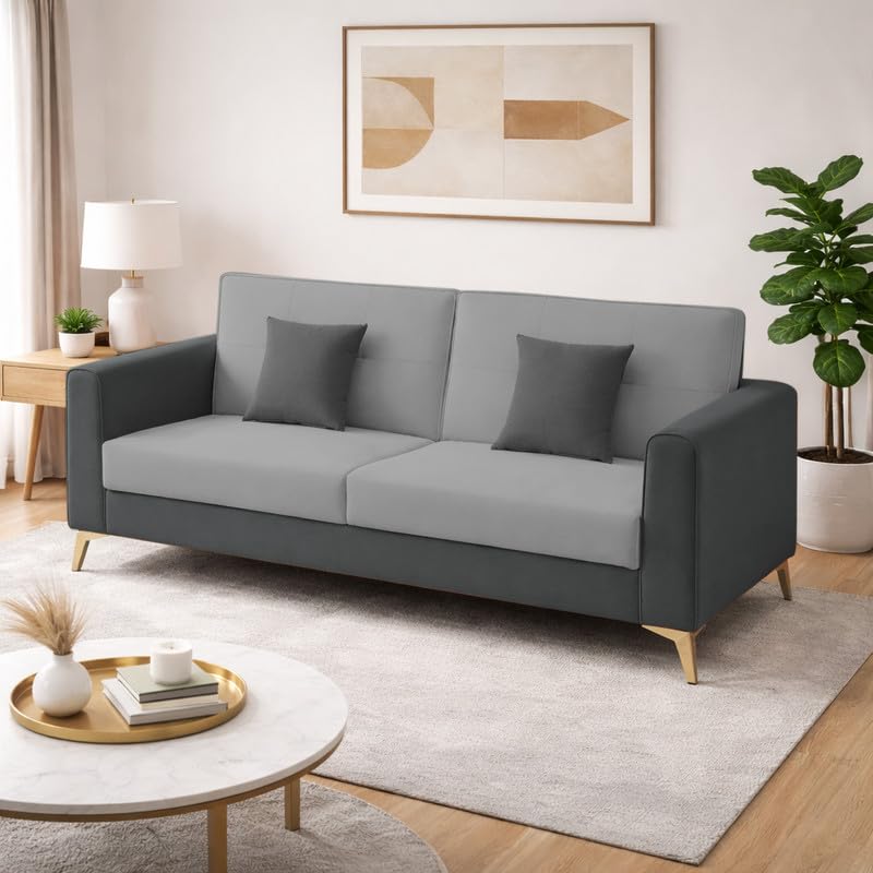 Image of Adorn India Premium Harlem 3 Seater Sofa | Velvet Suede Upholstery | 3-Year Warranty | Dark Grey & Grey with Gold Legs & Cushion