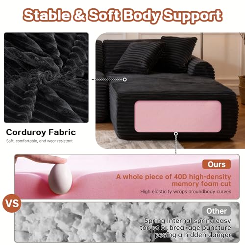 Image of KEIKI 2Seat Modular Boneless Sectional Corduroy Sofa Couch with Chaise for Urban Loft Bedroom Studio Family Friendly Urban Professionals Luxurious Elegant Sophisticated Quality Design Black