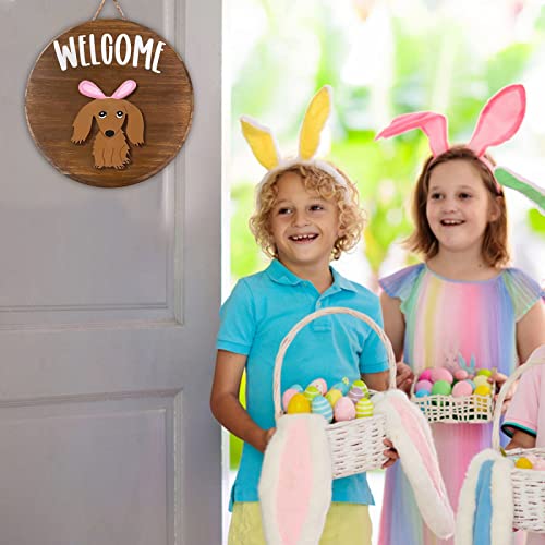 Interchangeable Welcome Sign For Front Door- Seasonal Rustic Wood Wreaths Wall Hanging Outdoor,Bull Head Truck Gnomes Apple Design Hanging Sign For Farmhouse Porch (6_Dog_+12Pcs) #TOP5