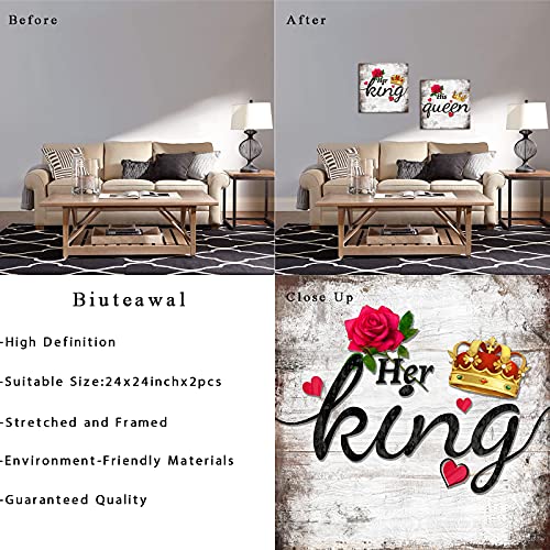 Biuteawal Romantic Bedroom Wall Art His Queen Her King Painting Motivational Phrases Print Poster Retro Crown And Rose Painting Canvas Framed Living Room Decor Couples Annivesary Wedding Gifts #TOP5