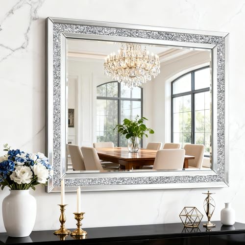 blingworld Decorative Wall Mirror, 32x24 Crushed Diamond Mirrors with Crystal for Wall Decor Living Room Silver Luxury Modern Mirrored Home Decoration Big Large Mirror Silver