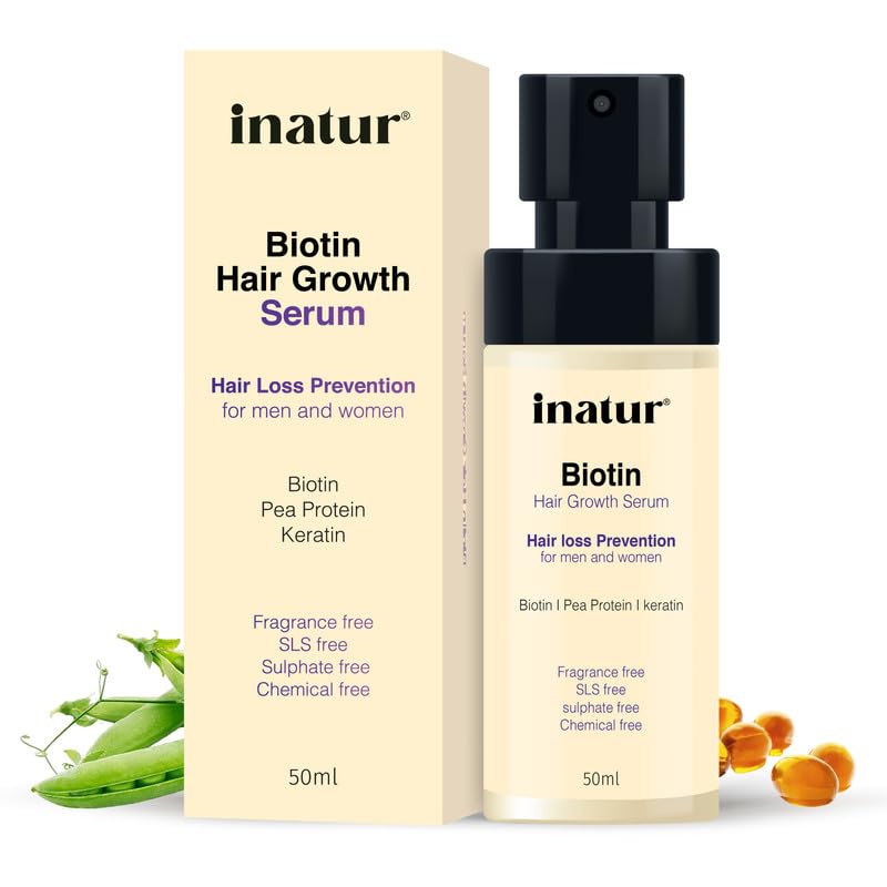 Image of inatur Biotin Hair Growth Serum for Women & Men | Hair Strengthening Treatment with Wheat Protein, Keratin, Rosemary Extract | For Thin Hair, Hair fall, Volume & Shine | Non-Sticky |50ml