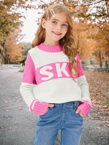 Image of Yousify Girl's Ski Sweater Color Block Striped Long Sleeve Spring Fall Winter Knitted Pullover Jumper Tops 5-14 Years