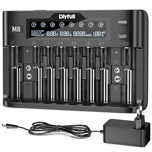 Dlyfull Caricabatterie Pile Ricaricabili 10 Slot Caricabatterie Veloce per Batterie Li-Ion, NI-MH, NI-Cd, LiFePo4, 18650, 21700, AA, AAA, C, SC, 9V con Display LCD