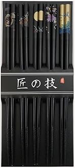 JapanBargain, 10 Pack of 5-Pair Black Bamboo Chopsticks Set with Traditional Japanese Crane Moon Sakura Design, Reusable Wooden Chop Sticks, Dishwasher Safe, 9 Inch, Japanese Chinese Korean Style