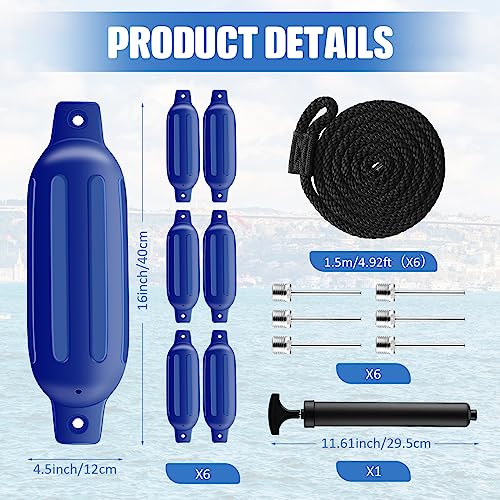 Sratte 6 Pack Boat Fenders with 6 Ropes 1 Air Pump 6 Needles, 4.5 x 16 Inch Ribbed Twin Eyes Boat Fenders Bumpers for Docking, Inflatable Marine Pontoon Bumper Use to Yacht Etc, UV Resistant(Blue) by Sratte - Image 2