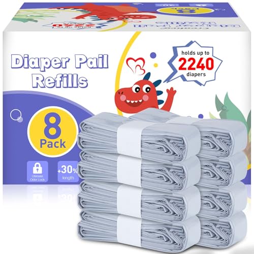 Diaper Pail Refill Bags 8 Pack Upgraded Odor Control Diaper Disposal Bag Compatible with All Diaper Trash Can, Compact Pail, Square Pails Diaper Pail Refills