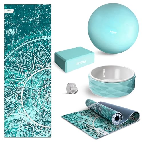 Fitfiu Fitness KITWELL-500 Pack di 5 Accessori Yoga Pilates Colore Blu con Tappetino, Blocco, Ruota, Cinghia e Palla Include Guida di Esercizi Wellness