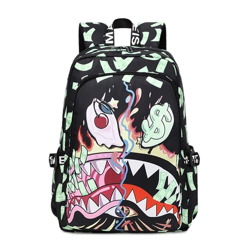 Leisure mens backpack Trendy backpacks cool large capacity bags travel rucksack fashionable checkered shark bag (Green Large)