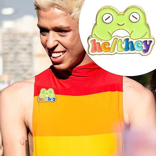 Image of LGBTQ Pronouns Cute Frog Pin - Gender Identity Bulk Pins for Pride Parade or Daily Wear - They /Them (Free 1pc Pride Sticker Included)