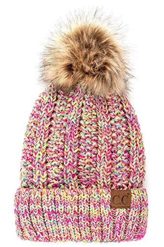 ScarvesMe Winter Thick Multicolor Cable Knit Hat with Fuzzy Lining with Fur Pom