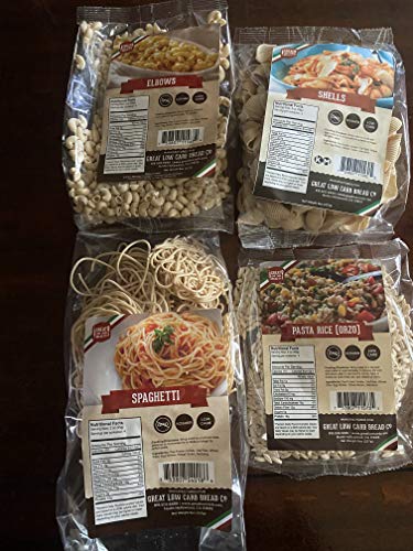 The Great Low Carb Bread Company Variety sampler pack- Shells pasta, Elbows pasta, Spaghetti pasta, Rice pasta(Orzo)
