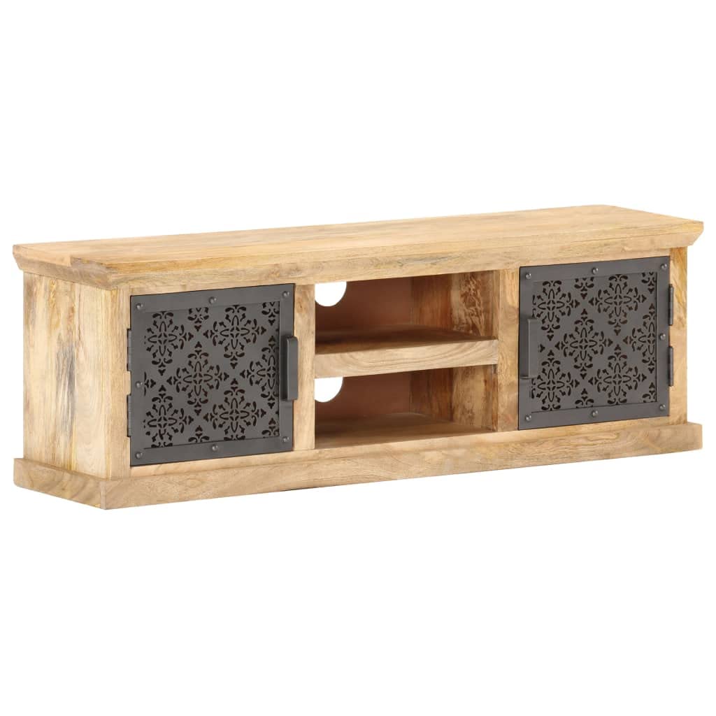 Szafka TV z litego drewna mango, 120 x 30 x 40 cm, z malowanymi proszkowo stalowymi drzwiami, czarna, do konsoli multimedialnych, idealna jako uniwersalna podstawka pod telewizor i szafka do