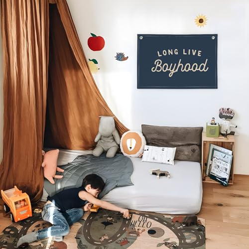 Image of Navy Blue Decor Long Live Boyhood Banner Boy Room Decor, Banner Flag Nursery Playroom Wall Decor for Boys Bedroom Living Room Dorm Toddler Decorations Teen Boy Kid Banner Wall Hanging Linen Flag 30x20