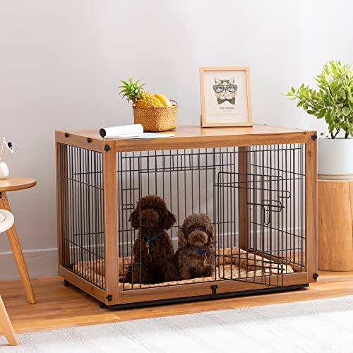 Ylovecl Wooden Dog Crate Furniture With Sliding & Fixable Tray, Dog Crate End Table For Medium Dog, Furniture Style Dog Kennels Indoor - Light Brown, 37.4L*25.9W*25.8H #TOP3