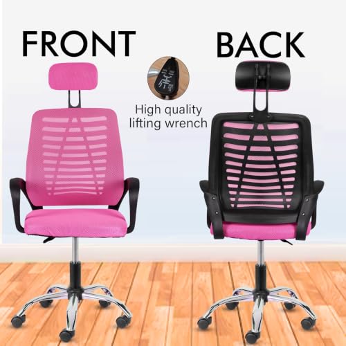 Image of Casa Copenhagen,Mesh Office Desk,Rocking, Ergonomic Computer Chair Adjustable High with Headrest and Comfortable Armrest Swivel Chair - Pink & Jet Black Handle
