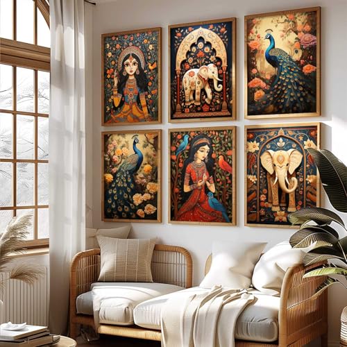 Image of kotart Premium Digital Madhubani Art Paintings with Frame for Home Decor - Framed Painting for Living Room Bedroom Office Room Decor - Painting for Wall Decoration - Pack of 6 (13X17, D)
