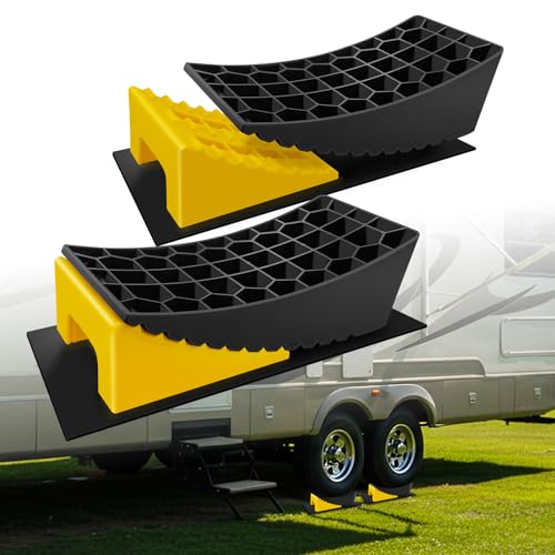 Image of ROBLOCK RV Leveling Blocks Up to 35000 LBS, Camper Leveling Blocks with Chocks, Anti-Slip Mats, Carry Bag, RV Leveling System for Travel Trailers, 4 inch Max Leveling Height, 2 Packs, Yellow