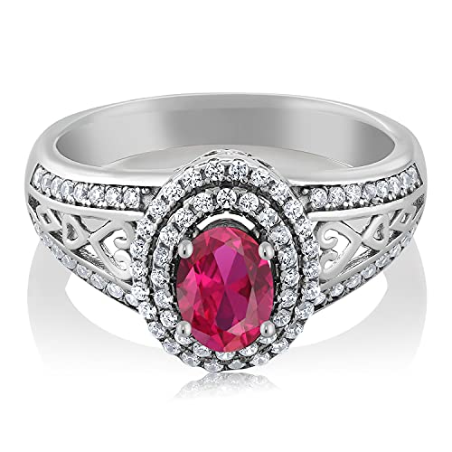 Gem Stone King 925 Sterling Silver Red Created Ruby Women's Ring 1.36 Cttw (Size 9)