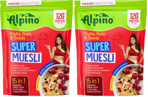 Image of Alpino Super Muesli Fruits, Nuts & Seeds 750g -12g Protein per 100g, High Fibre Multigrain Breakfast Cereal | Berry Crunch,Healthy Breakfast & Snack (Pack of 2)