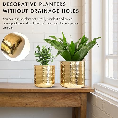 Image of BEHOMA Hammered Metal Indoor Planter for Table, Gold - Pack of 2 | Handcrafted Metal planter - elegant accent for Living Room decor & gifting