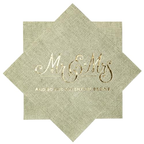 100Pcs Wedding Napkins, 3-Ply Gold Foil Mr and Mrs Cocktail Napkins, Folded 5 x 5 Disposable Napkins for Wedding Dinner Party Bridal Anniversary