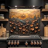 Tempered Glass Backsplash for Kitchen, Mountain Sun with Flowers Design Glass Backsplash, Copper Look Backsplash for Kitchen Wall, Rustic Kitchen Backsplash, Easy to Install Stove Backsplash