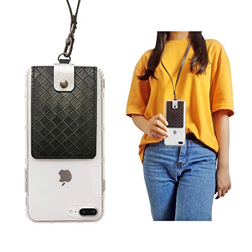 Tainada Stick On Adhesive PU Leather Two-Tone Snap On Closure Wallet Cash ID Credit Card Holder with Detachable Neck Lanyard Compatible with Most Smartphones + One Cord Wrapper (Black)