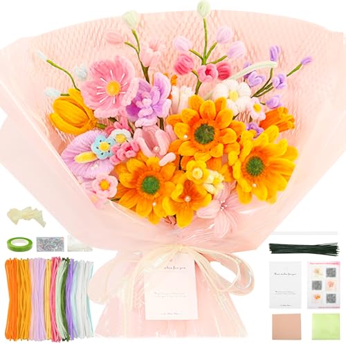 Pipe Cleaners Craft - Pipe Cleaners Flowers, Pipe Cleaner Flower Kit, DIY Pipe Cleaners Flower Bouquet Craft Supply Kit for Art Project Activity, Birthday Mother’s Day Anniversaries Graduations Gifts