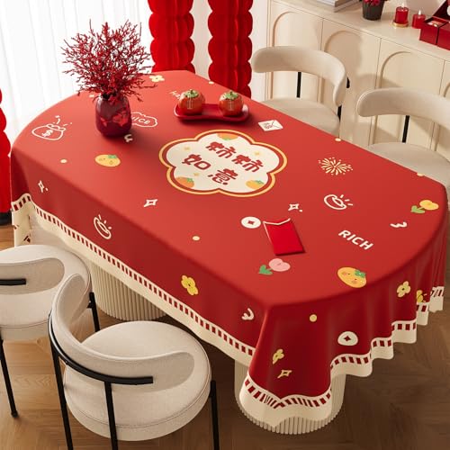 Surwin Forma Ovalada Mantel Hule Mesa, Mantel Antimanchas Rectángulo, Manteles de PVC Estilo Año Nuevo Rojo, Manteles Mesa Impermeable, Ropa Mesa Camilla Lavable para Comedor (Rojo 2,90x140cm)
