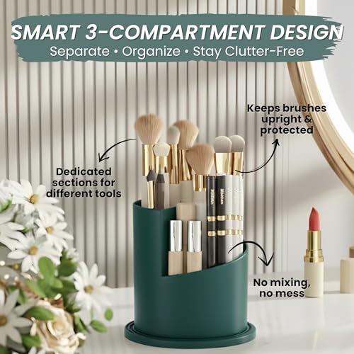Image of OCEANEVO Cosmetic Makeup Brush Holder with Makeup Sponge, Dustproof Makeup Brush Organiser Stand with 360 Rotatable Lid - 12.5 x 27 Cm - Green - 1 Year Warranty