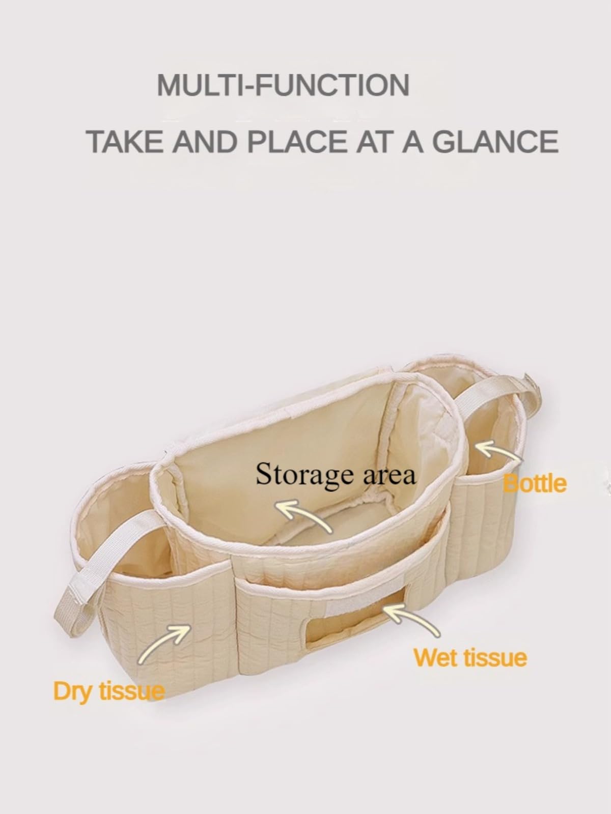 Organizer carino per passeggino con carta asciutta e bagnata, borsa portaoggetti per carrello, multifunzionale, di grande capacità, borsa da appendere, beige
