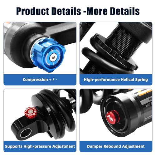 Adjustable Air Spring Coil Over MTB Shock Absorber,190-265mm 550LBS,Rebound,Compression,Preload,Height Adjustment,Air Pressure (200-300 PSI),Fits Mountain Bike,Downhill,eBike (240MM550LBS)